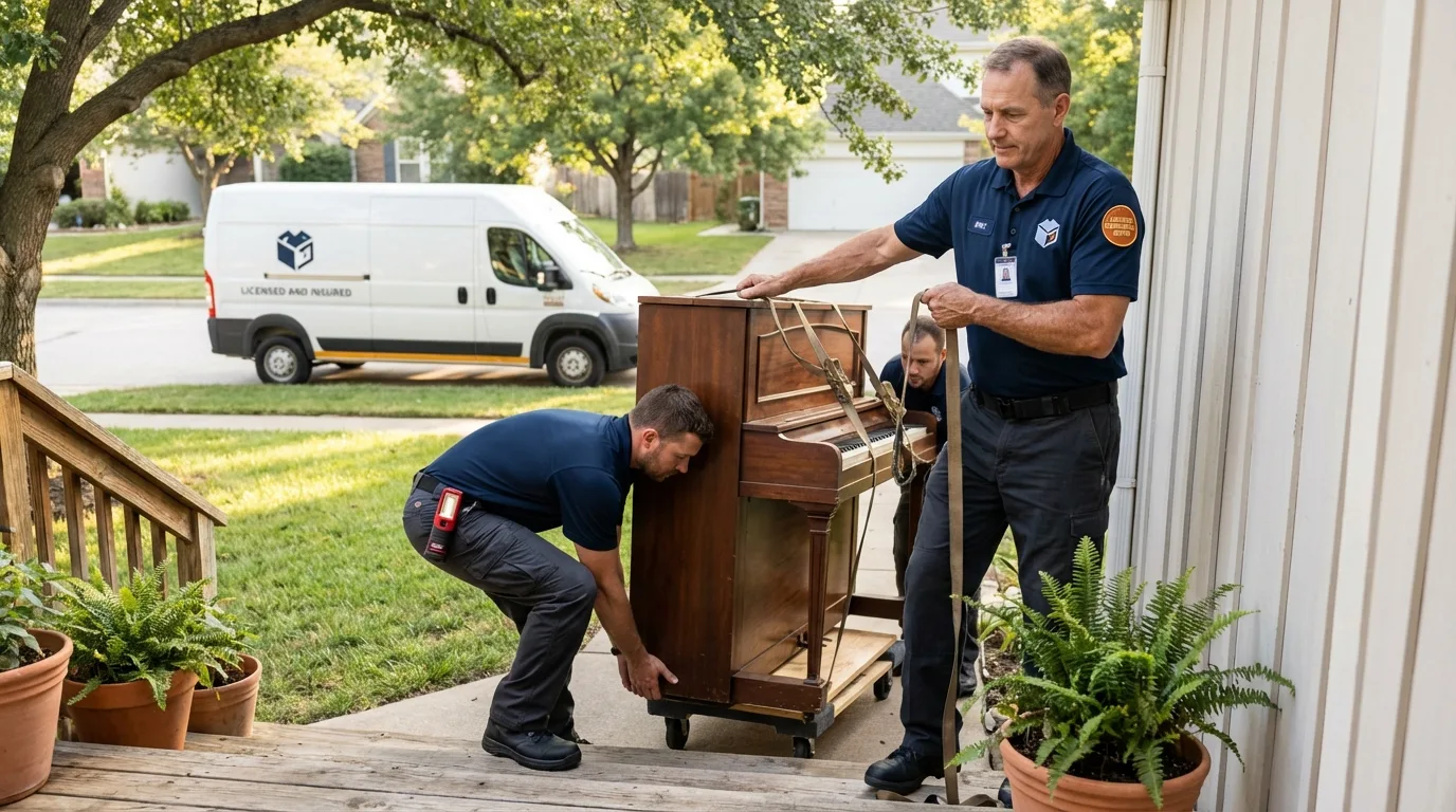 Licensed piano movers securing grand piano in West Greenwich, RI