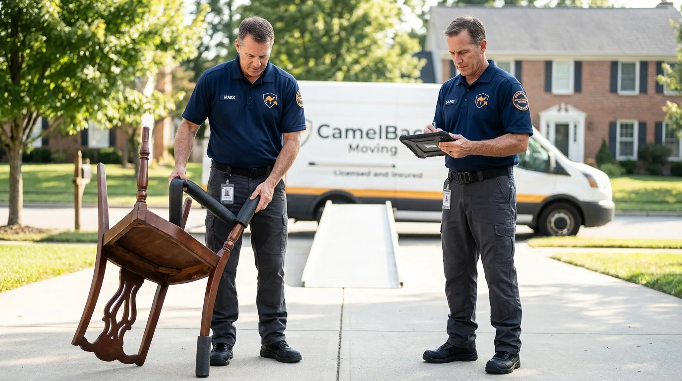 Movers inspecting furniture for damage prevention before loading in West Greenwich, RI