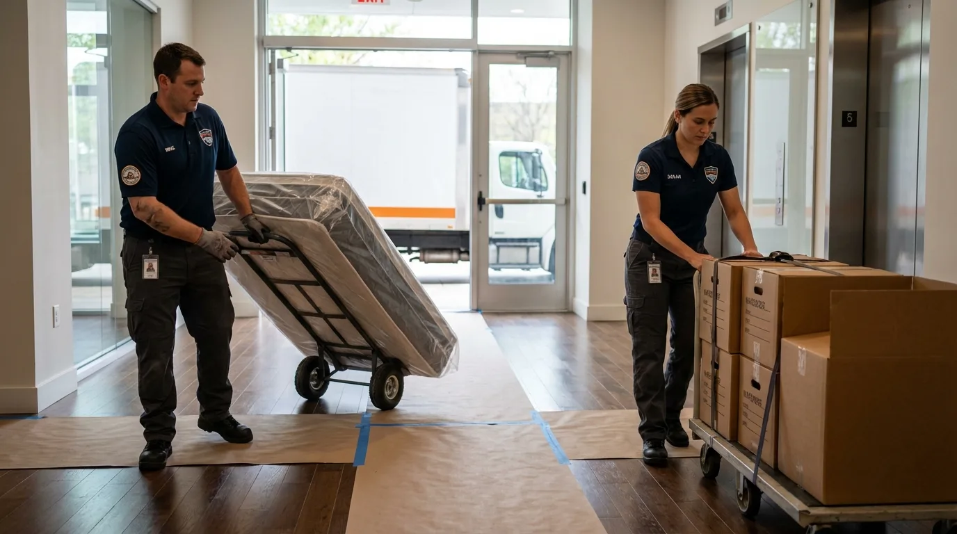 Professional apartment movers loading elevator in West Greenwich, RI