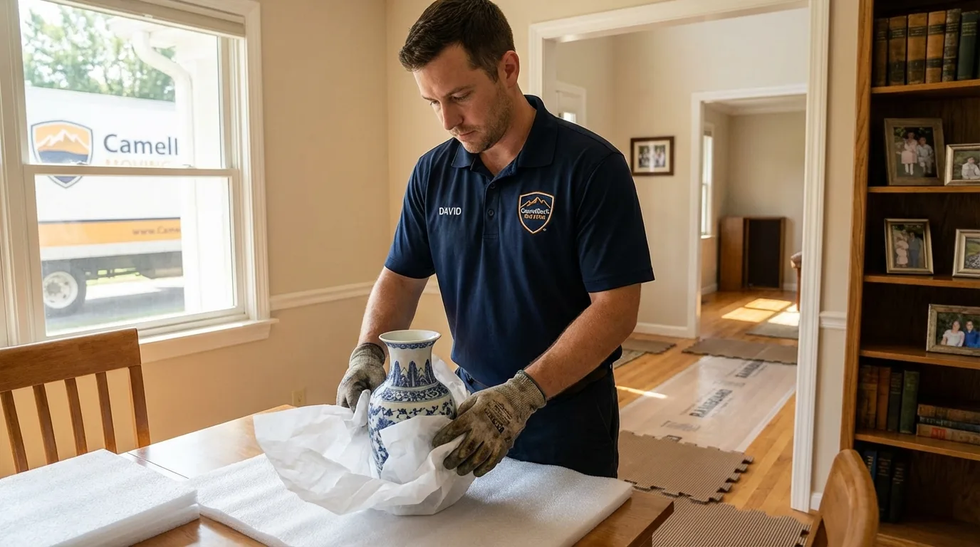 Professional crew carefully wrapping antique vase for senior downsizing move in West Greenwich, RI