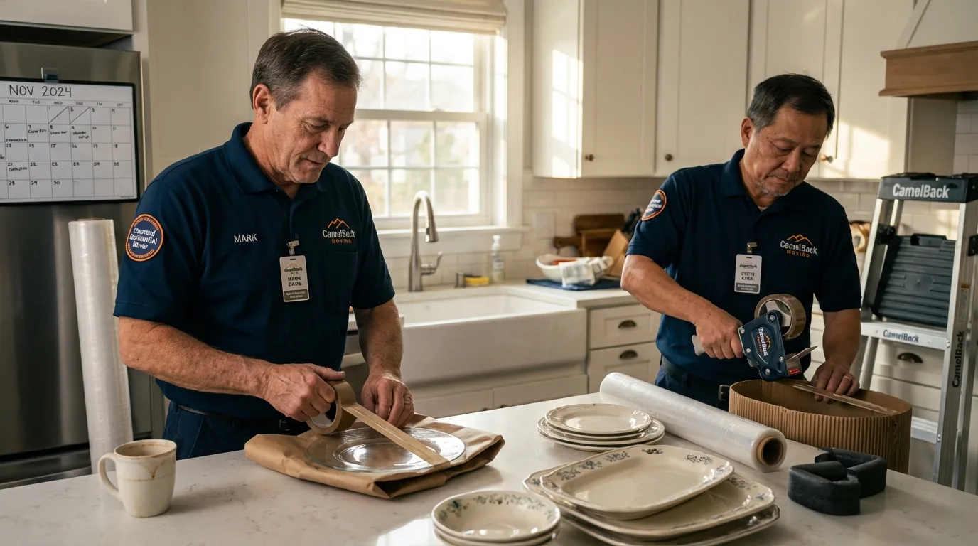 Professional crew packing kitchen dishware in West Greenwich, RI